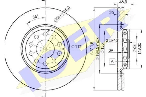Диск гальмівний (передній) Audi A4/A6 97-09/Skoda Superb 02-08/VW Passat 98-05 (312х25)(з покр)(вент) ICER 78BD40652 (фото 1)