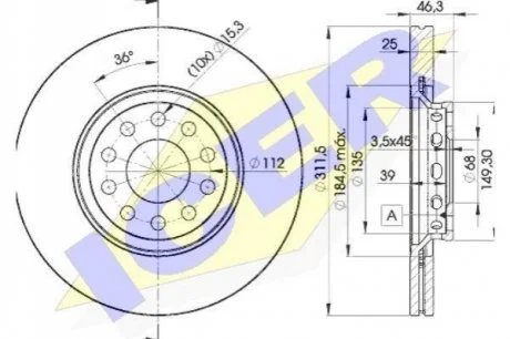 Диск гальмівний (передній) Audi A4/A6 97-09/Skoda Superb 02-08/VW Passat 98-05 (312х25)(з покр)(вент) ICER 78BD40652