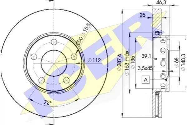 Диск гальмівний (передній) Audi A4/A6/VW Passat 95-08/Skoda Superb 02-08 (287.7x24.9)(з покр.)(вент.) ICER 78BD40632 (фото 1)