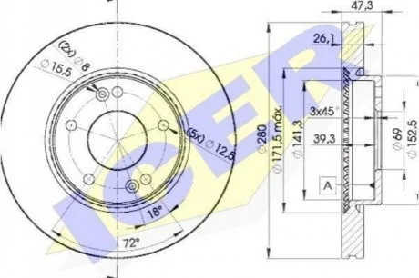 Диск гальмівний (передній) Hyundai Tucson/i30 2.0 CRDi 04-/Kia Ceed 06- (280x26) ICER 78BD51712