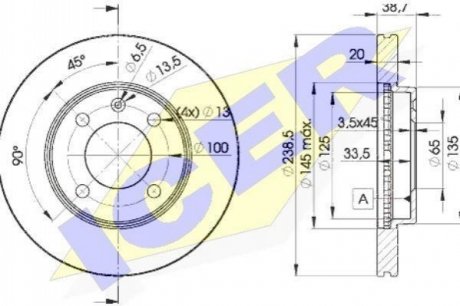 Диск гальмівний (передній) VW Golf 76-99/Passat 81-88/Polo 95-01/Seat Ibiza 93-(239x20)(з покр)(вент) ICER 78BD39752