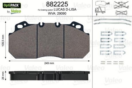 Гальмівні колодки, дискове гальмо (набір) VALEO 882225