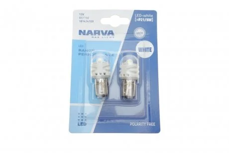 Лампа світлодіодна P21/5W white LED Range Performance 2.4/0.48W BAY15D (блістер 2шт) (вир-во Narva) NARVA 181474100