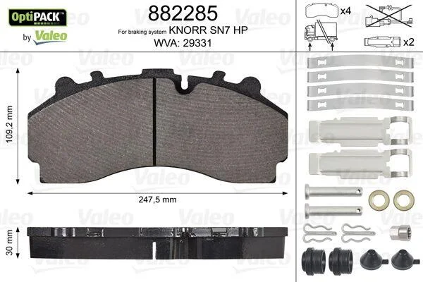 Комплект гальмівних накладок, дискове гальмо VALEO 882285 (фото 1)