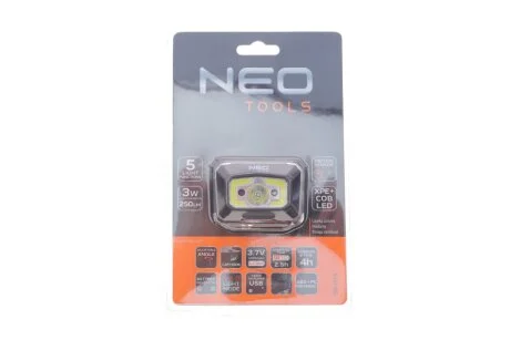 Налобний ліхтар з акумулятором USB 250 lm COB LED + датчик руху NEO TOOLS 99073