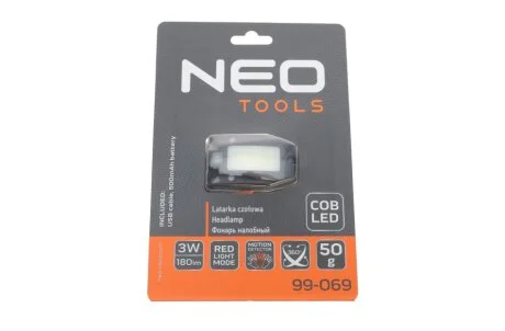 Налобний ліхтар з акумулятором USB 180 lm COB LED + датчик руху NEO TOOLS 99069