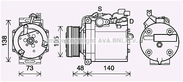 AVA MITSUBISHI Компресор кондиціонера GRANDIS 2.0 DI-D 05-, LANCER VIII 1.8, 2.0 07-OUTLANDER II 2.0 DI-D 07-, 2.4 06-, CITROEN, PEUGEOT AVA COOLING MTAK263 (фото 1)