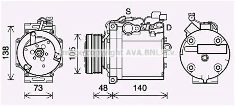 AVA MITSUBISHI Компресор кондиціонера GRANDIS 2.0 DI-D 05-, LANCER VIII 1.8, 2.0 07-OUTLANDER II 2.0 DI-D 07-, 2.4 06-, CITROEN, PEUGEOT AVA COOLING MTAK263