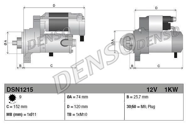 Стартер (12В, 1кВт, новий із заставою) TOYOTA IQ 1.0 01.09-12.15 DENSO DSN1215 (фото 1)