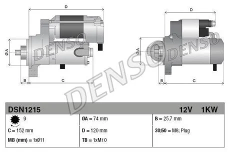 Стартер (12В, 1кВт, новий із заставою) TOYOTA IQ 1.0 01.09-12.15 DENSO DSN1215